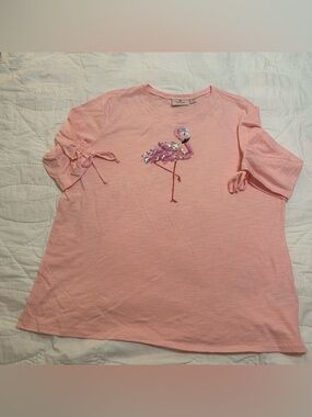 Quacker Factory T-shirt Top Womens XL Pink Sequin Flamingo Tie Elbow Sleeves